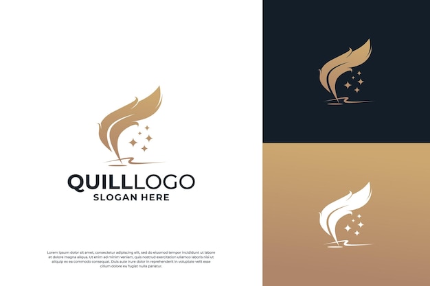 Diseño del logotipo de la pluma dorada y el logotipo del bolígrafo de pluma