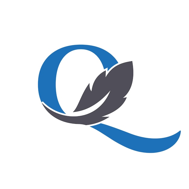 Diseño de logotipo de pluma de letra Q combinado con vino de pluma de pájaro para símbolo de ley de abogado