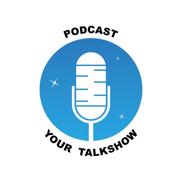Diseño de logotipo de podcast o radio con icono de micrófono y auriculares con plantilla de eslogan