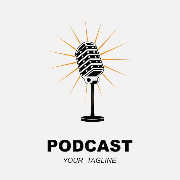 Diseño de logotipo de podcast o radio con icono de micrófono y auriculares con plantilla de eslogan