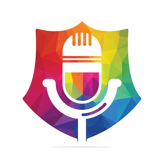 Diseño del logotipo de Podcast Shield Micrófono de mesa de estudio con diseño de icono de transmisión