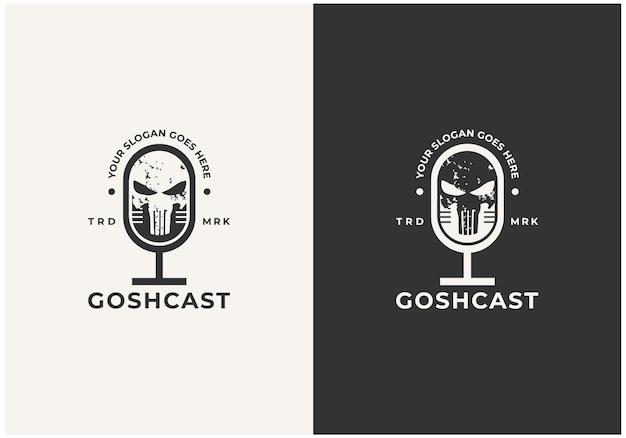 Vector diseño de logotipo de podcast de terror con calavera en vector premium de micrófono