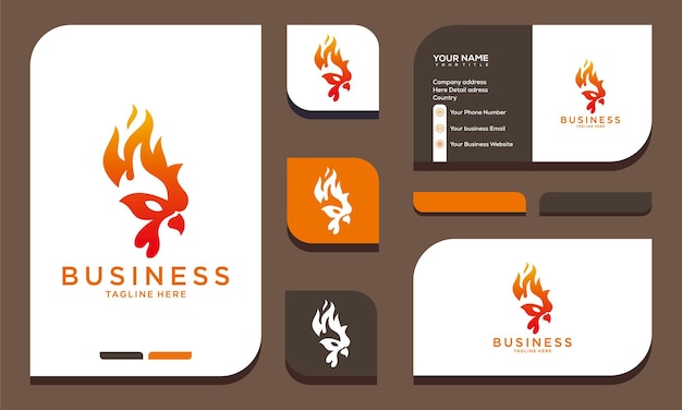 diseño de logotipo de pollo de fuego caliente y tarjeta de visita