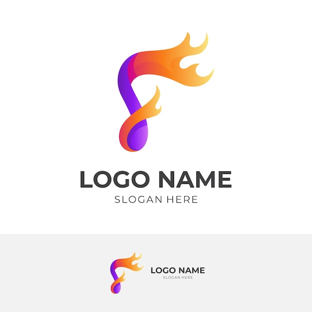 Diseño de logotipo de potencia musical, nota musical y fuego, logotipo de combinación con estilo de color naranja y morado 3d