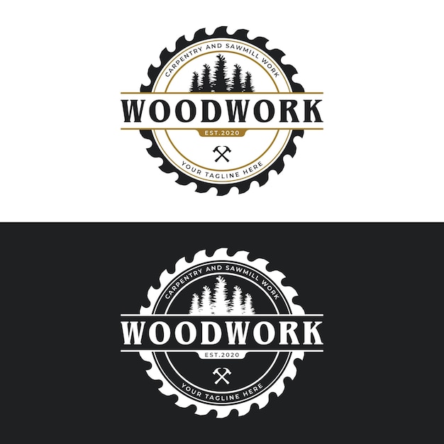 Diseño de logotipo de primera calidad con herramientas de carpintería vintageLogotipo para carpintería comercial insignia de etiqueta de leñador