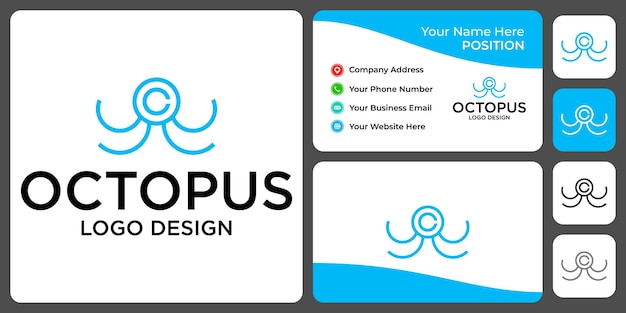 Diseño de logotipo de pulpo simplista con plantilla de tarjeta de visita