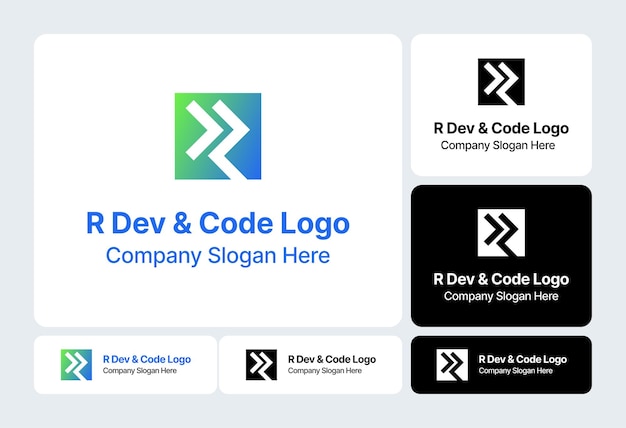 Diseño del logotipo de R Dev Code con flechas gradientes y el eslogan de la compañía