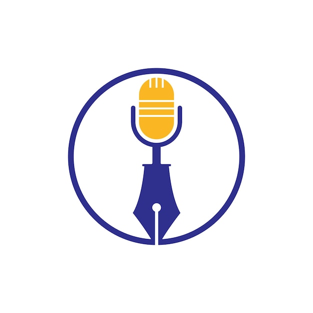 Diseño de logotipo de radio de podcast de conferencia de micrófono de pluma