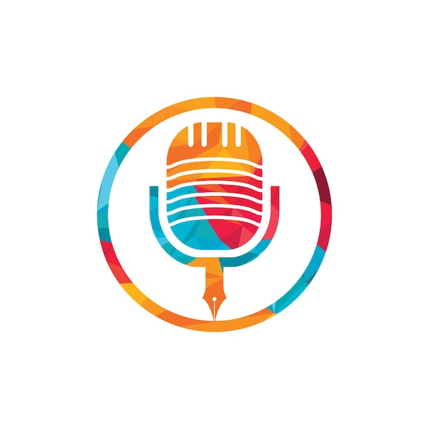 Diseño de logotipo de radio de podcast de conferencia de micrófono de pluma