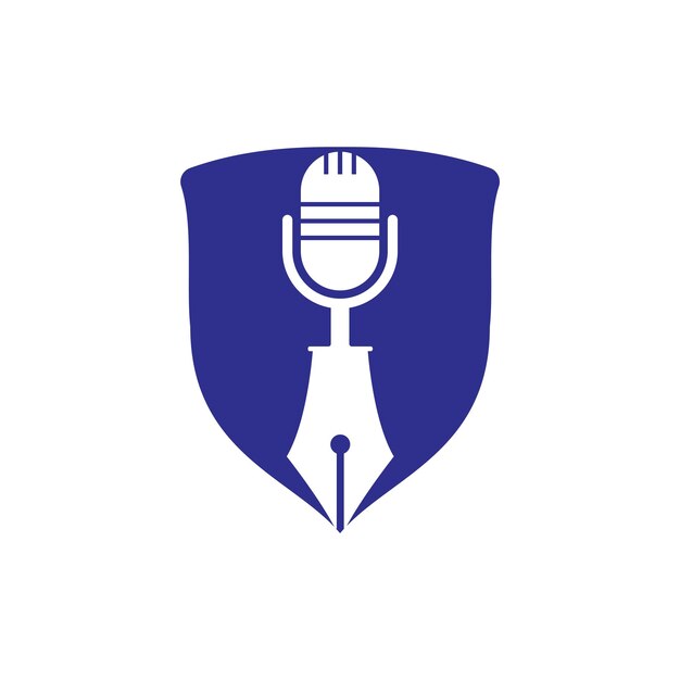 Diseño del logotipo de la radio podcast de conferencias con micrófono de pluma