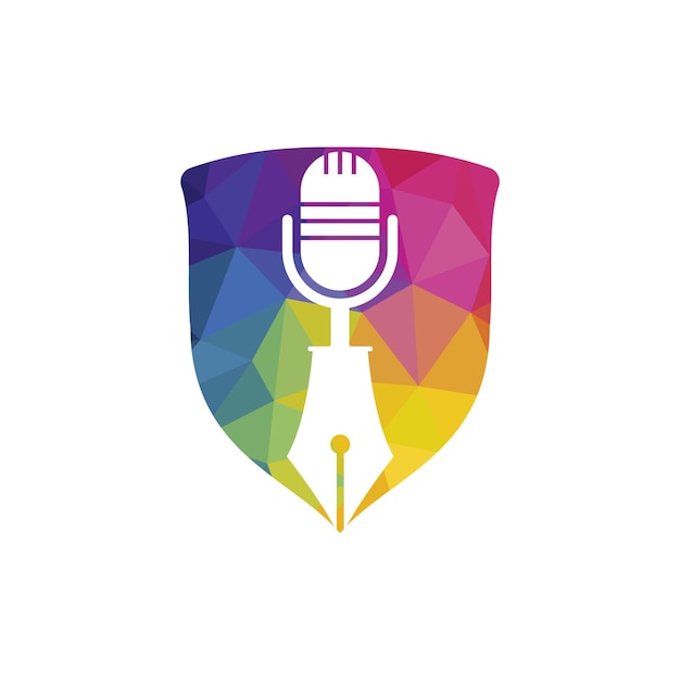 Diseño del logotipo de la radio podcast de conferencias con micrófono de pluma