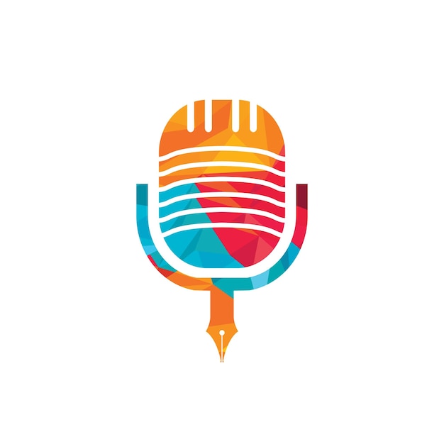 Diseño del logotipo de la radio podcast de conferencias con micrófono de pluma