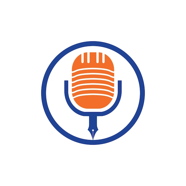 Diseño del logotipo de la radio podcast de conferencias con micrófono de pluma