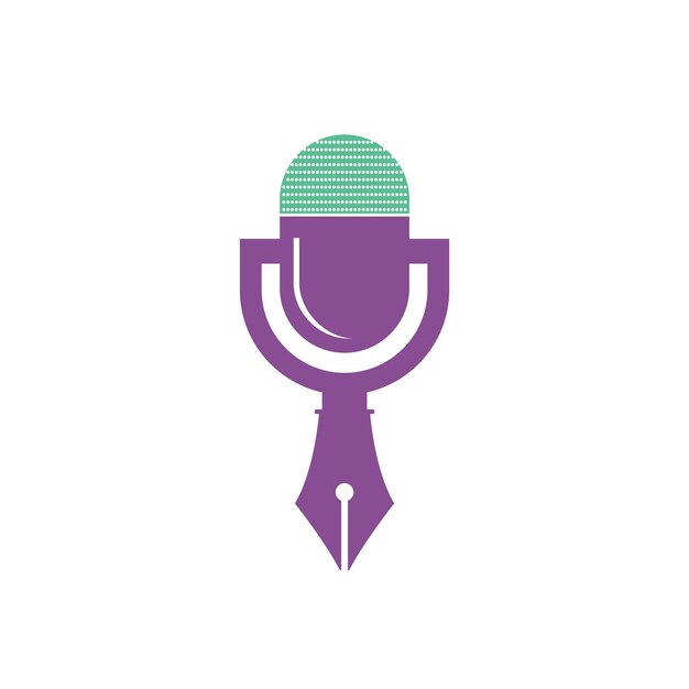 Diseño del logotipo de la radio podcast de conferencias con micrófono de pluma