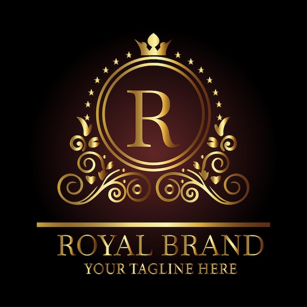 Diseño de logotipo real de lujo con letra dorada R, coronas, patrones florales y eslogan para marca premium