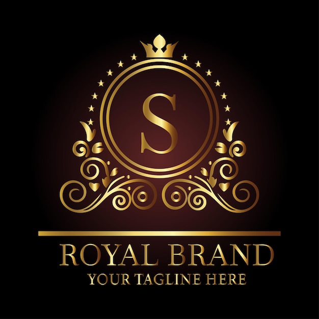 Diseño de logotipo real de lujo con letra dorada S corona patrones florales y eslogan para marca premium