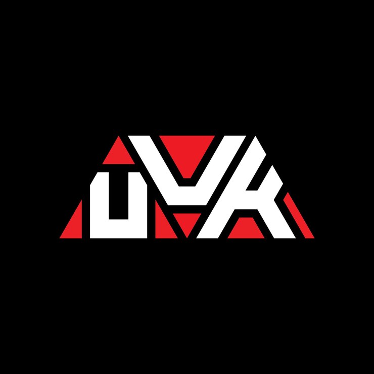 Vector el diseño del logotipo del reino unido es un triángulo de letras con forma de triángulo, un monograma, un logotipo vectorial triangular con color rojo y un logotipo triangular sencillo, elegante y lujoso.