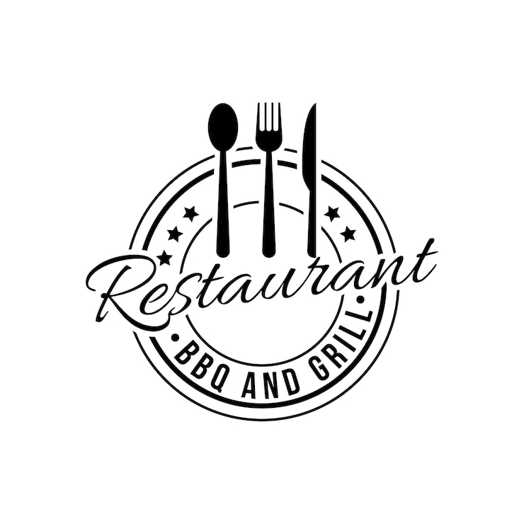 Vector diseño del logotipo del restaurante de barbacoa y parrilla círculo de etiqueta retro vintage con icono de cuchillo, tenedor y cuchara