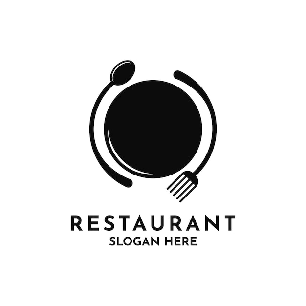 Diseño del logotipo del restaurante de comida con cuchara, tenedor y símbolo de plato con forma de círculo
