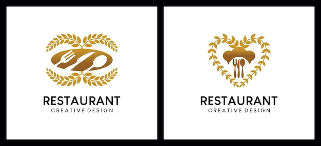 Vector diseño de logotipo de restaurante con concepto de cuchara y tenedor combinado con icono de trigo o arroz