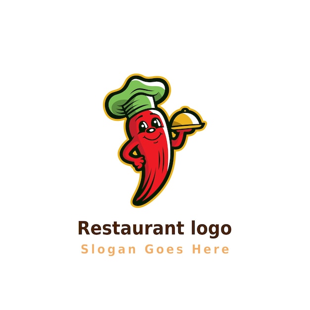 Diseño del logotipo del restaurante e ilustración colorida de la mascota, incluido el chili rojo de la comida del chef de dibujos animados