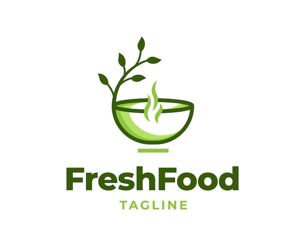 Diseño de logotipo de restaurante con ilustración de elemento de tazón y hoja