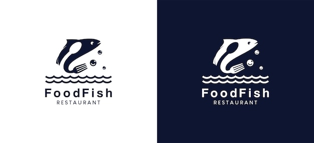 Diseño del logotipo del restaurante de pescado con el símbolo vectorial del tenedor y la cuchara