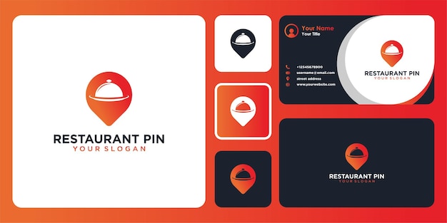 Diseño de logotipo de restaurante con pin y tarjeta de visita.