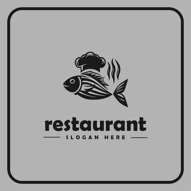 Vector diseño del logotipo del restaurante con un tema de pescado a la parrilla con un estilo simple y elegante