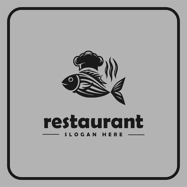 diseño del logotipo del restaurante con un tema de pescado a la parrilla con un estilo simple y elegante