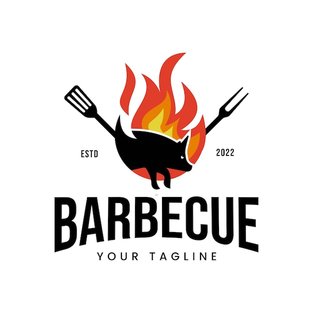 Diseño de logotipo de restaurante vintage de restaurante de silueta de cerdo a la parrilla fondo oscuro