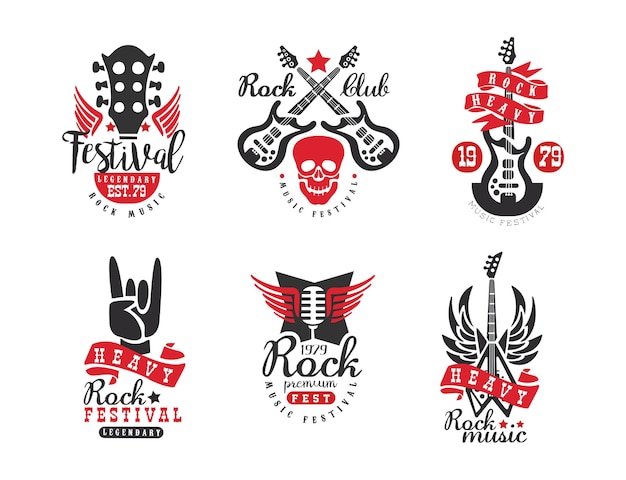 El diseño del logotipo retro del club Rockfest está ilustrado por vectores.