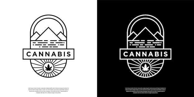 Diseño de logotipo retro vintage de cannabis y montaña con estilo de arte lineal