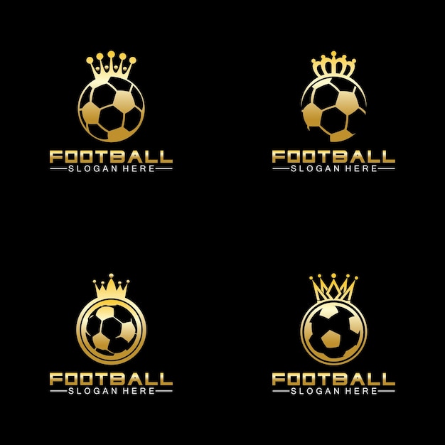 Diseño del logotipo del rey del fútbol de oro de lujo en un fondo negro aislado