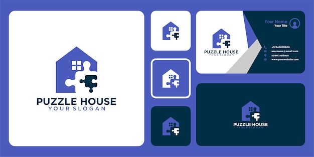 Diseño de logotipo de rompecabezas con casa y tarjeta de visita.