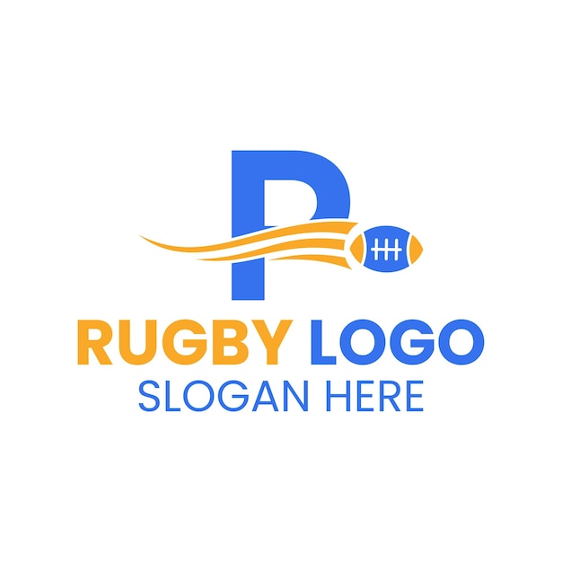 Diseño de logotipo de rugby con letra p. logotipo de fútbol americano con icono de pelota de rugby para club de fútbol