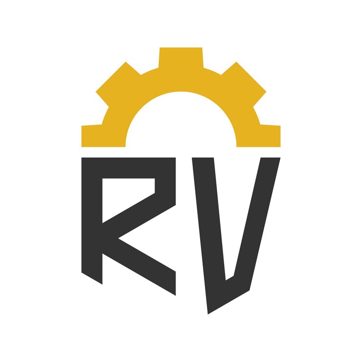 Vector diseño del logotipo de rv letter gear para el centro de servicio de la fábrica de reparación industrial digital y mecánica
