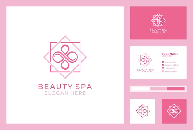 Diseño de logotipo de salón de belleza estilo infinito. icono de la tienda de cosméticos. identidad de marca de spa con plantilla de tarjeta de visita.