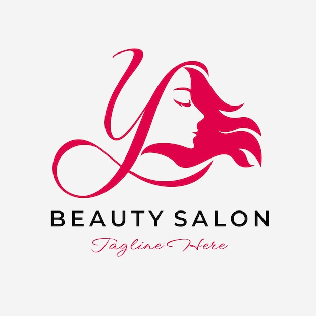 Diseño de logotipo de salón de belleza de letra Y icono de cuidado de cabello de cara de mujer hermosa