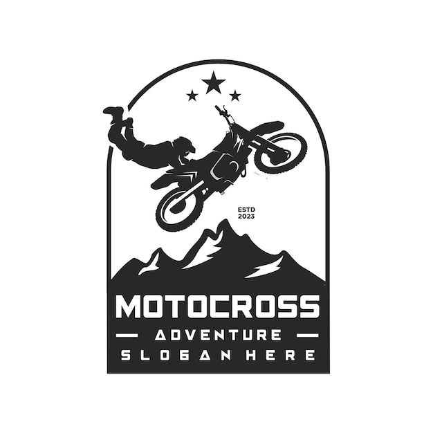 Diseño de logotipo de salto de jinete de motocross en silueta vectorial aislada de motocicleta