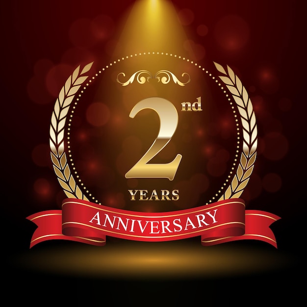 Diseño de logotipo del segundo aniversario con corona de laurel y plantilla de vector de logotipo de cinta roja