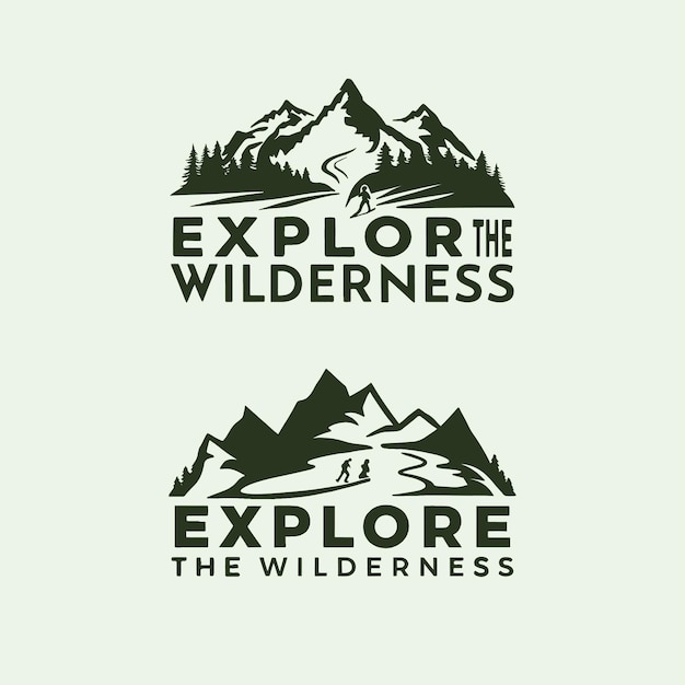 El diseño del logotipo de senderismo con paisaje de montaña dice Explore the Wilderness