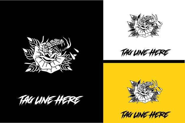 Diseño de logotipo de serpiente de cabeza y vector de flores en blanco y negro