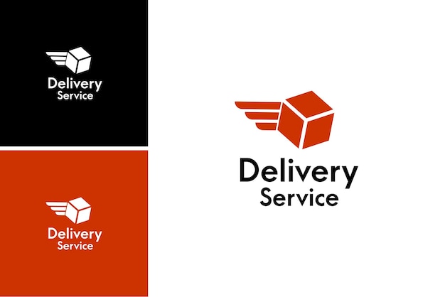 diseño del logotipo del servicio de entrega. caja express de velocidad con logotipo de vector de ala