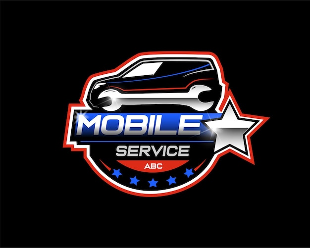 Diseño de logotipo de servicio mecánico móvil en colores azul y rojo negro con fondo negro