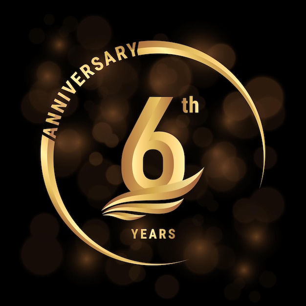 Diseño del logotipo del sexto aniversario con alas doradas y anillo Logo Vector Template Illustration