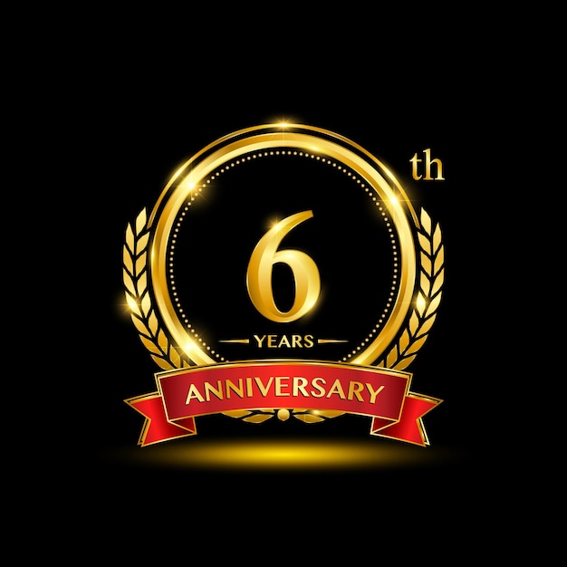 Diseño del logotipo del sexto aniversario con corona de laurel dorada y cinta roja Diseño vectorial de números dorados