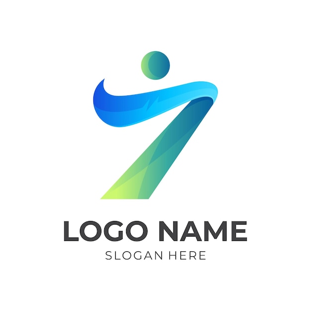 Diseño de logotipo de siete personas con estilo de color azul y verde 3d