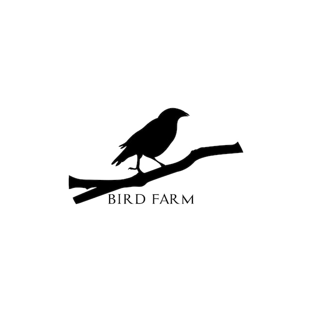 diseño de logotipo de silueta de pájaro posado en una rama espalda en blanco y negro