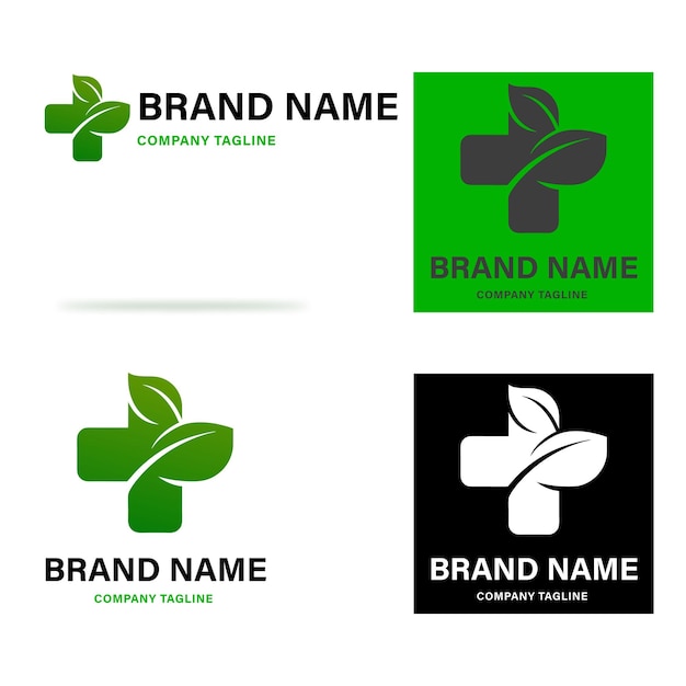 Diseño de logotipo con símbolo de cruz y hoja para el cuidado de la salud y el negocio médico